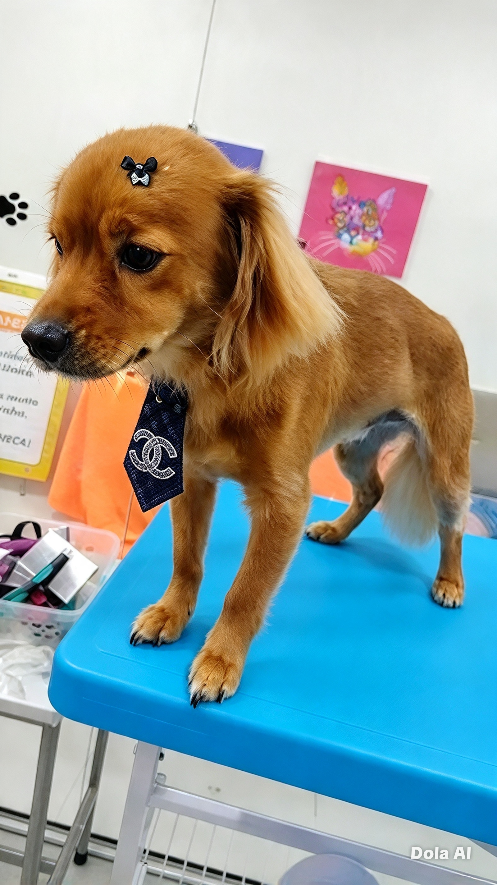 Cão caramelo recém-tosado, com lacinho na cabeça e gravata, em pé na mesa de tosa