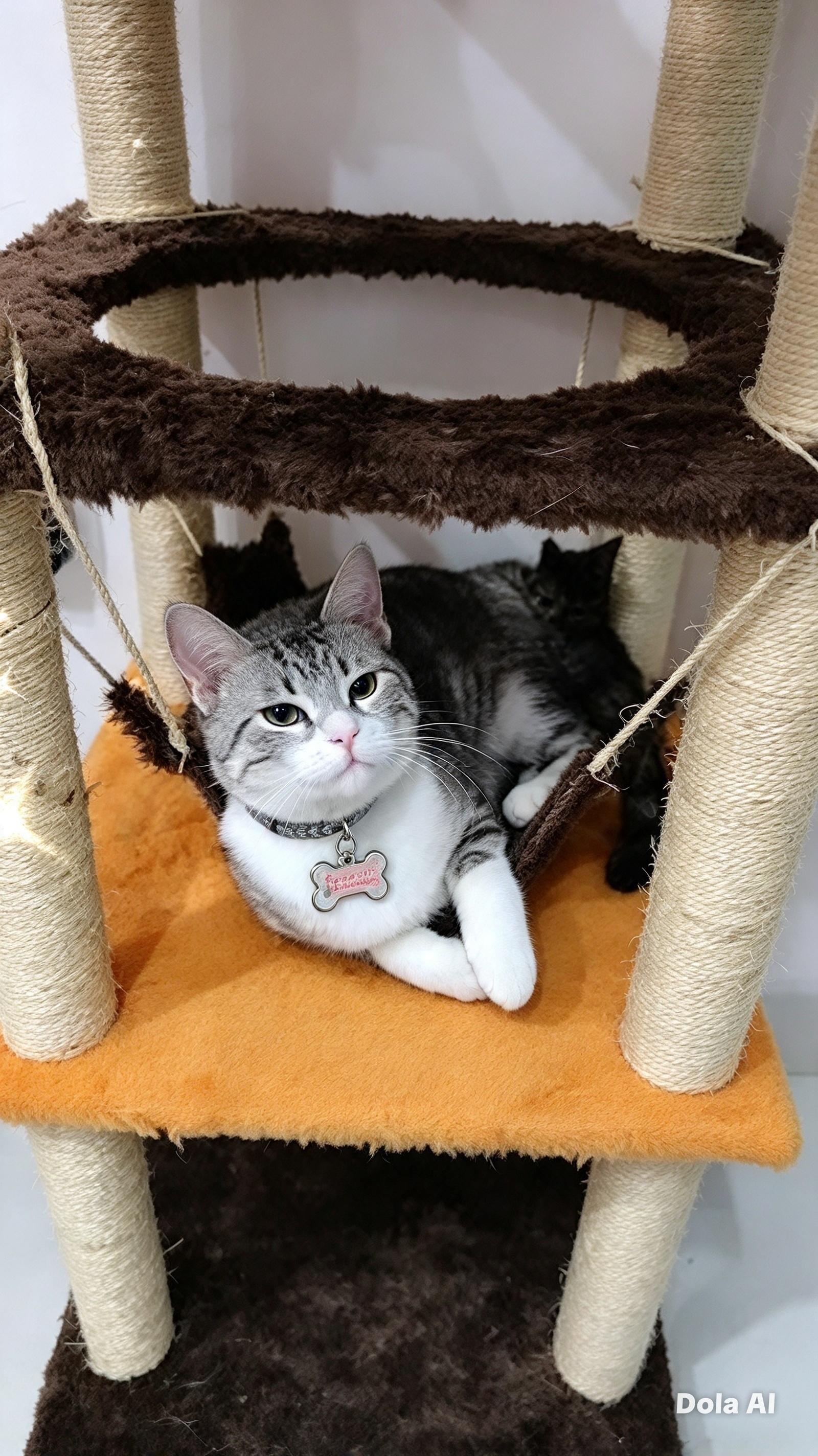 Gato cinza e branco relaxando na rede de um arranhador, com coleira de plaquinha